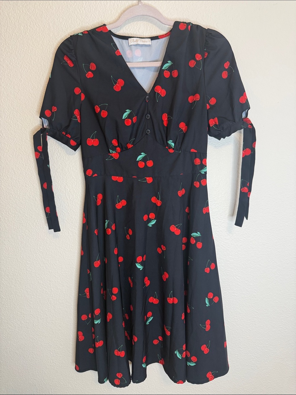V-Neck Black Cherry Print Midi Dress